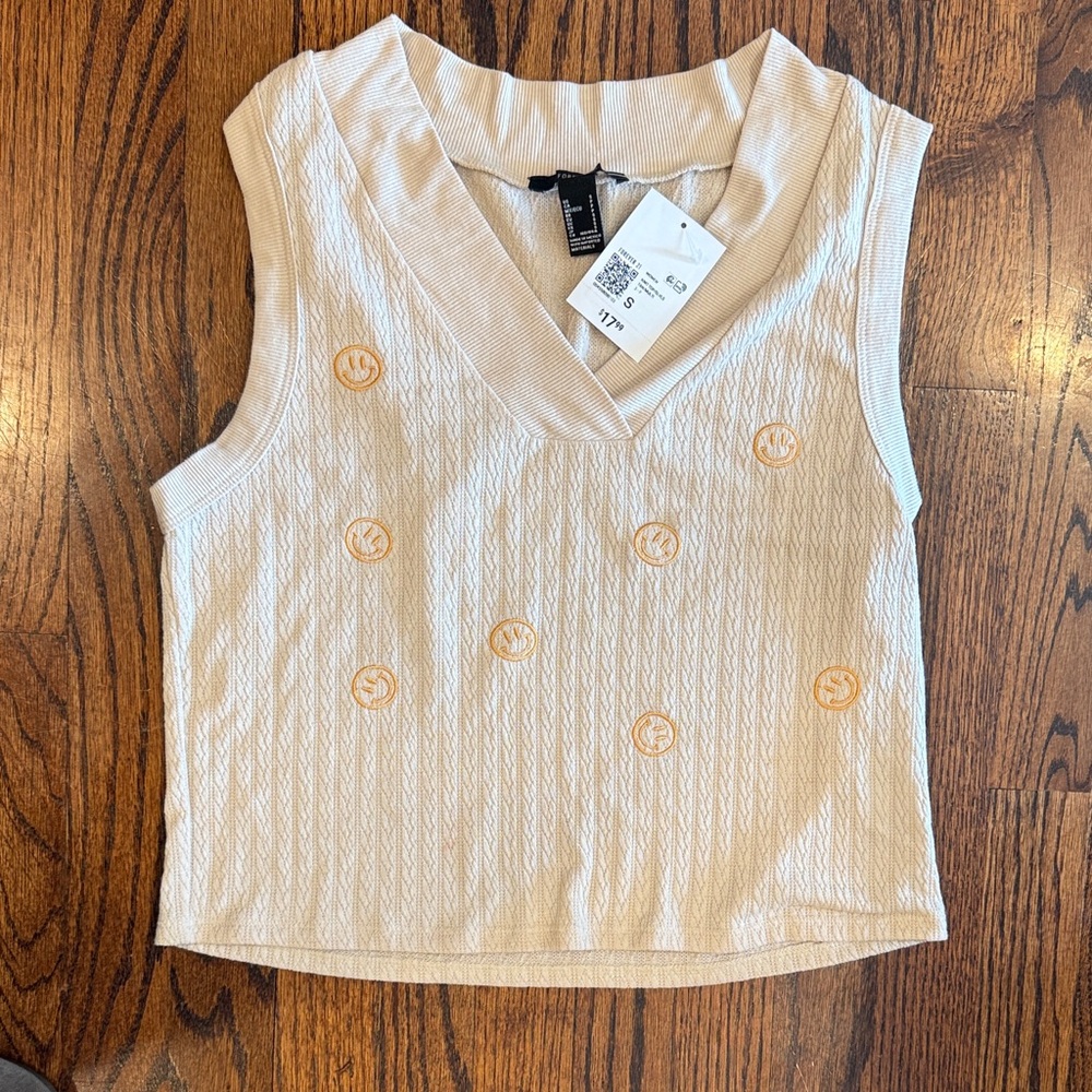Forever 21 Cream Sleeveless Top with Smiley Embroidery